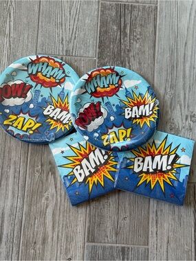 Comic Book superhero birthday Party Plates & Napkins Bright Blue POW! BAM! ZAP!